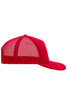 A red 5 panel flat peak cap with a mesh back and a curved brim, featuring a logo on the front.