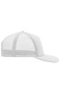 A white 5-panel flat peak cap with a mesh back and a flat brim, featuring a branded logo.