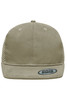 A flat peak cap in khaki with a stitched brim and a logo patch on the front.
