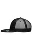 A black 6 panel flat peak cap with a mesh back and a branded tag on the underside of the peak.