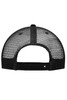 A black 6 Panel Flat Peak Cap featuring a mesh back and an adjustable strap, with a logo on the side.