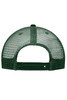 A green 6 panel flat peak cap featuring a mesh back and an adjustable strap. The cap has a logo on it.