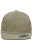 A khaki 6 panel flat peak cap with a textured design and a logo on the front.