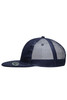 A navy blue 6 panel flat peak cap with a mesh back and a logo.