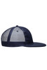 A navy blue 6 panel flat peak cap with a mesh back and a branded logo.
