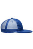 A blue 6 panel flat peak cap featuring a mesh back and a curved brim, with a branding logo visible.