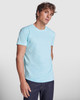 A light blue T-shirt featuring a fitted design, worn by a model against a plain background.