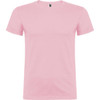A pink T-shirt featuring a logo on the neckline, with a classic crew neck design.