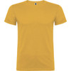 A plain yellow t-shirt with a crew neck and short sleeves, featuring a branding label on the neckline.