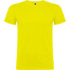 A bright yellow T-shirt featuring a simple design and a logo on the neck.