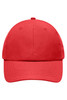A red cap with a structured design and a rounded brim, featuring a logo on the front.
