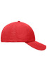 A red cap featuring laser cut perforations and a curved brim, designed for headwear. Includes a logo.