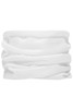 A white drawstring bag with a textured, gathered design, featuring a logo on one side.