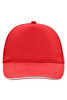 A red 5 Panel Promo Sandwich Cap with a logo, featuring a curved brim and a structured design.