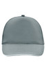 A grey 5 Panel Promo Sandwich Cap featuring a structured design and a branding logo on the front.