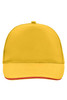 A bright yellow 5 panel sandwich cap with a red underside on the visor and a logo on the front.