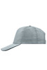 A grey five-panel cap featuring a curved peak and a logo on the side.