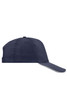 A navy blue 5 Panel Promo Sandwich Cap featuring a curved brim and a logo on the front.