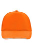 An orange 5 Panel Promo Sandwich Cap with a curved brim and a logo on the front.