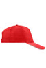 A red five-panel cap with a curved peak and a logo on the front.