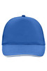 A blue 5 Panel Promo Sandwich Cap featuring a structured design and a visor, with a logo present.