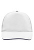 A white 5 Panel Promo Sandwich Cap featuring a curved brim and a logo on the front.