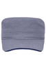 A grey military-style cap featuring a structured design and a contrasting navy underside, complete with a logo.