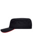 A black military-style cap with a flat brim and red detailing, featuring ventilation eyelets and a logo.