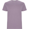 A lilac T-shirt with a crew neckline, featuring a branding logo on the label.
