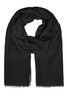 A black scarf with a soft texture and fringed edges, featuring a logo.