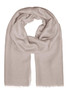 A light beige scarf with a soft texture and fringed edges, featuring a logo. Ideal for adding a stylish touch.