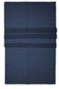 A navy scarf featuring three horizontal straps and a fringed edge, with a branding logo.