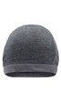 A grey beanie featuring a smooth texture and ribbed cuff, with a small logo on the side.