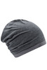 A grey beanie with a textured finish and a contrasting band at the bottom, featuring a logo.