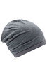 A grey slouch beanie featuring a soft material and a snug band at the base. It has a branding logo.