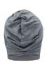 A grey beanie with a textured finish, featuring a rolled hem and gathered design at the top.