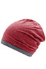 A heather red beanie with a grey band, featuring a soft, slouchy design and a logo on the side.