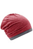 A heather red beanie with a grey ribbed band at the base, featuring a smooth texture and slouchy design.