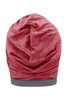 A heather red beanie with a grey band and a pleated design at the back, featuring a logo.