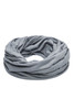 A heather grey loop-scarf with a soft, draped design. It features a logo and is made from lightweight fabric.
