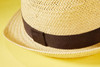 A straw hat in a natural beige colour with a dark brown band around the base.