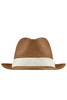 A straw hat in a warm brown colour with a light beige band around the base. It features a logo on the side.