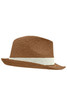 A brown straw hat with a white band, featuring a wide brim and a classic design. It includes a logo.