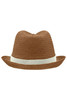 A brown straw hat featuring a light-coloured band and a wide brim, designed for urban style. It has a logo.
