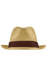 A straw hat with a wide brim and a brown band, featuring a logo on the side.