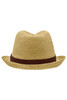 A straw hat in natural tones with a brown band, featuring a stylish fedora shape. Ideal for warm weather wear.