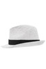 A white straw hat with a black band, featuring a classic shape and woven texture.