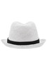 A white straw hat with a black band, featuring a wide brim and textured weave.