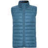 A padded vest in a rich blue colour with a zip closure and high collar. Features include a sleek design and a logo.