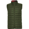A green padded vest with a high collar and a zip front, featuring a contrasting inner lining.